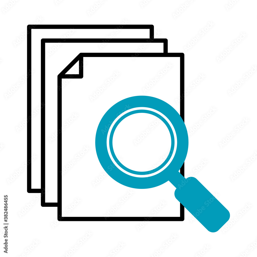 document pages and magnifying glass icon, half line half color style document pages and magnifying glass icon, half line half color style