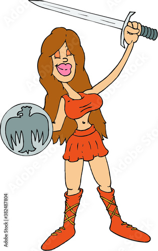 Cartoon amazon with shield and raising a sword