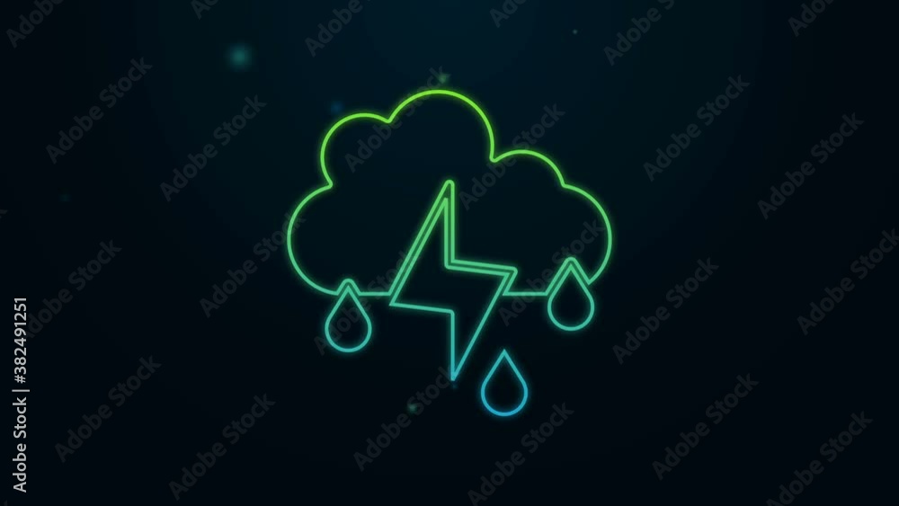 Glowing neon line Cloud with rain and lightning icon isolated on black background. Rain cloud precipitation with rain drops.Weather icon of storm. 4K Video motion graphic animation Glowing neon line Cloud with rain and lightning icon isolated on black background. Rain cloud precipitation with rain drops.Weather icon of storm. 4K Video motion graphic animation
