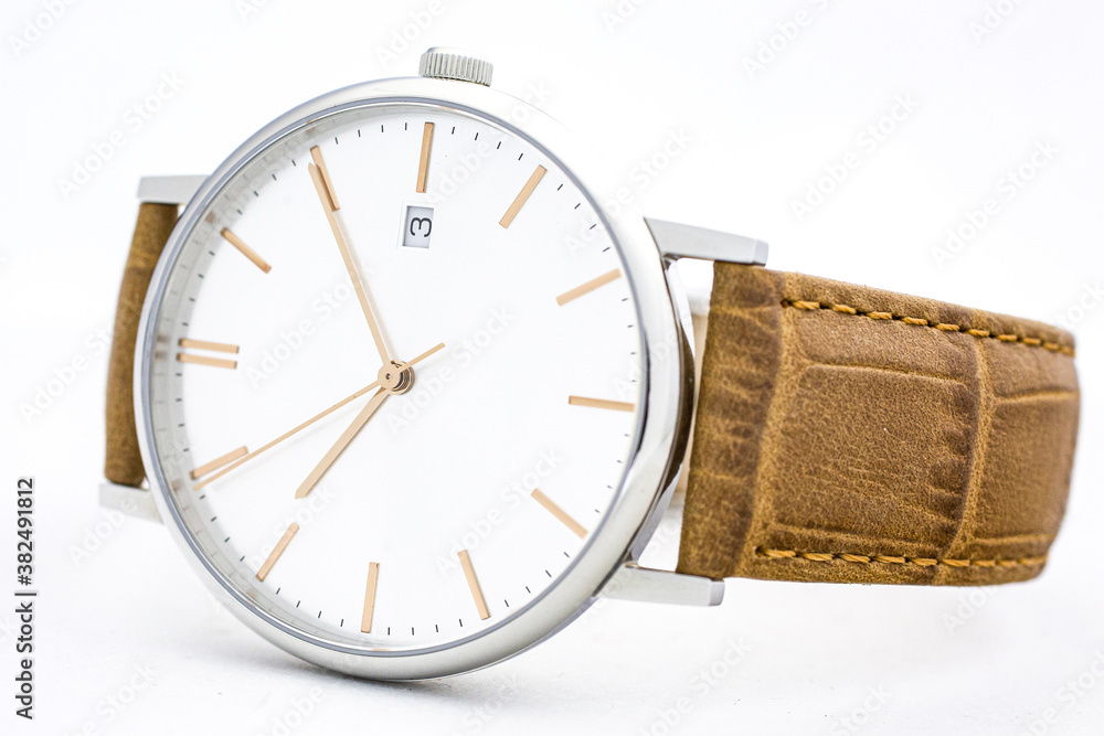 Geneve, Switzerland 01.10.2020 - Claude Bernard man swiss made watch white dial leather strap isolated. date indication 3. Swiss watchmaker, watch manufactory brand Geneve, Switzerland 01.10.2020 - Claude Bernard man swiss made watch white dial leather strap isolated. date indication 3. Swiss watchmaker, watch manufactory brand