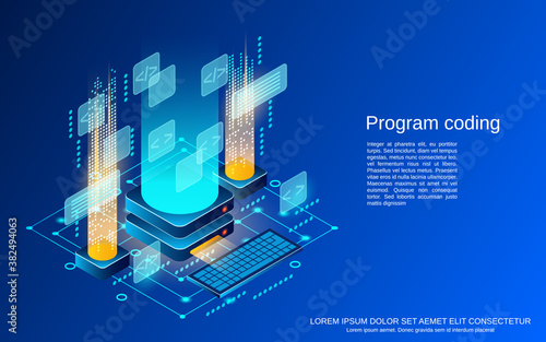 Application development, program coding flat 3d isometric vector concept illustration