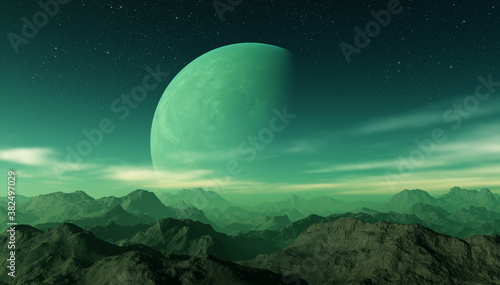 3d rendered Space Art: Alien Planet - A Fantasy Landscape with green skies and clouds