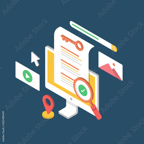 Search Engine Result Concept in Isometric. Search Engine Optimization with Keyword.