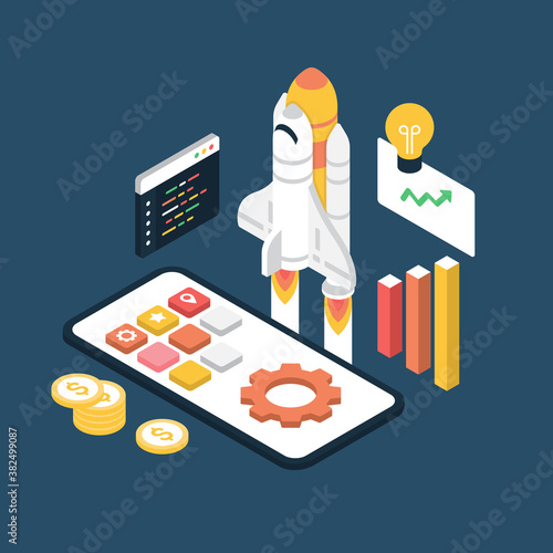 Startup Business Concept in Isometric. Build Success in Startup Business.