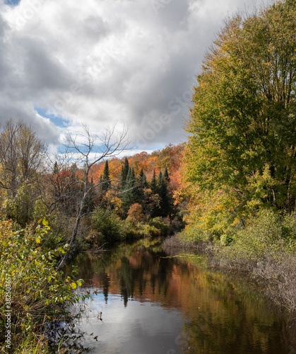 Storm clouds and colorful foliage at a river in Muskoka in fall