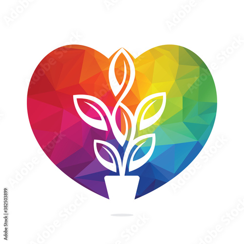 Love Flowers Pot and Plant Pot Vector Illustration Design. Green Love Tree on Pot Logo Design.
