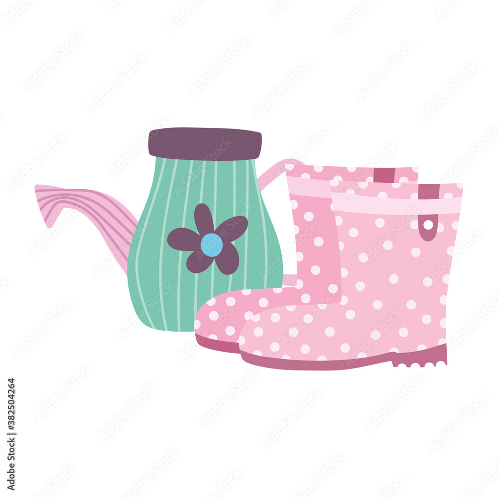 gardening, dotted boots and watering can tools