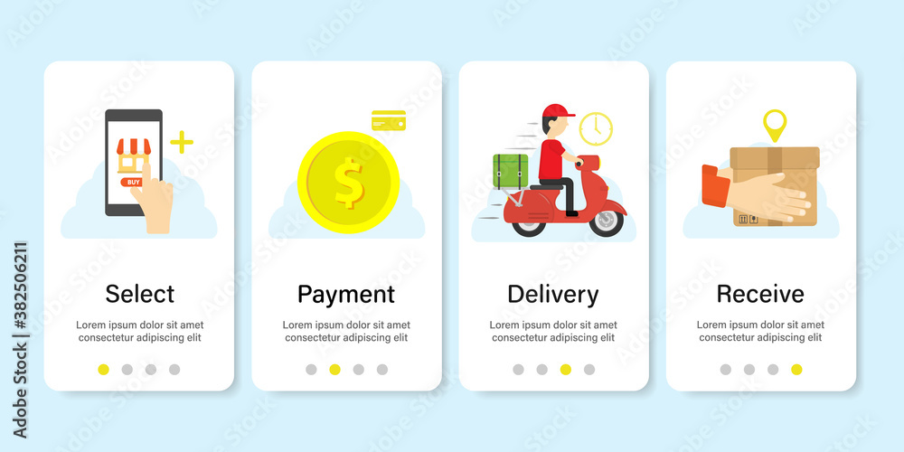 Shopping online website. Delivery process. Digital marketing. Shop online step. Man ride motorcycle.
Infographic 4 step. Business concept. Transportations concept. 