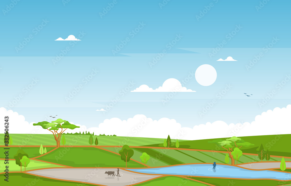 Asian Farmer Cultivating Rice Field Paddy Plantation Agriculture Illustration Asian Farmer Cultivating Rice Field Paddy Plantation Agriculture Illustration