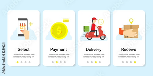 Shopping online website. Delivery process. Digital marketing. Shop online step. Man ride motorcycle. Infographic 4 step. Business concept. Transportations concept. 