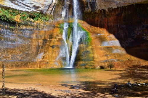 Lower Calf Creek Falls Waterfall colorful views from the hiking trail Grand Staircase Escalante National Monument between Boulder and Escalante in Southern Utah. United States.
