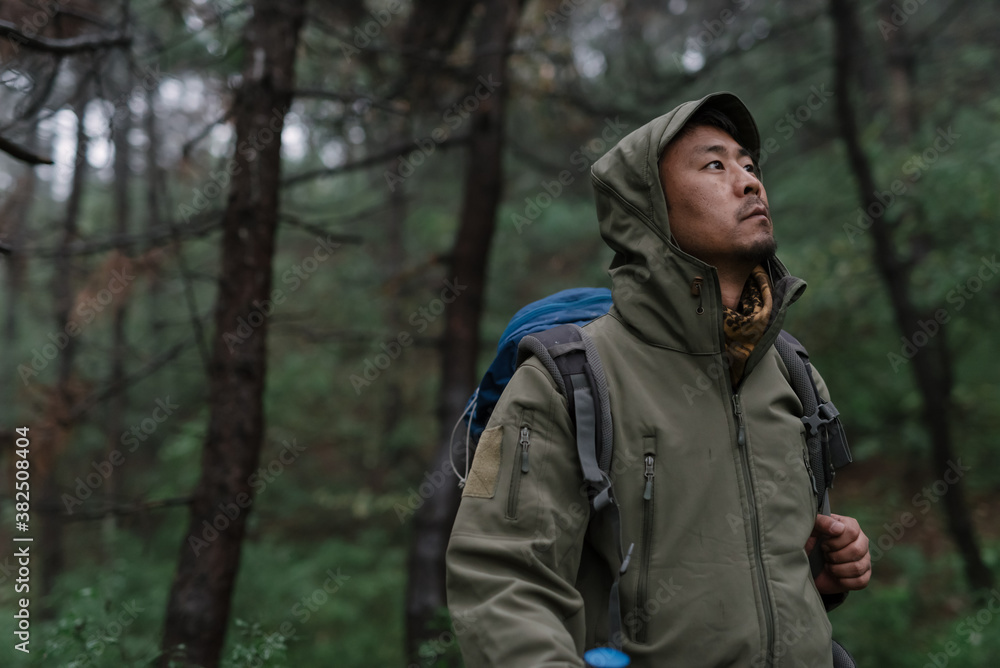 Traveller with backpack in forest Traveller with backpack in forest