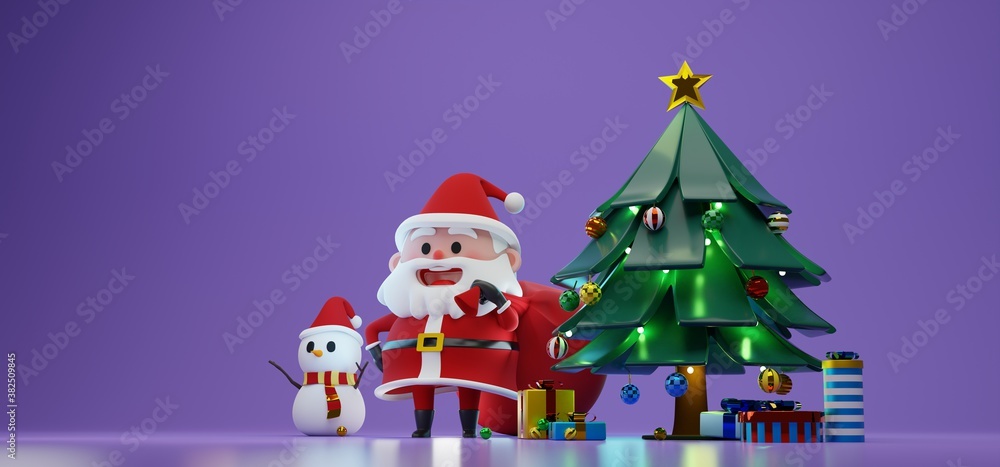 3D render concept illustration of Santa Claus character carrying giant red bag standing with a  snowman and a pine tree with many gift box in purple color background