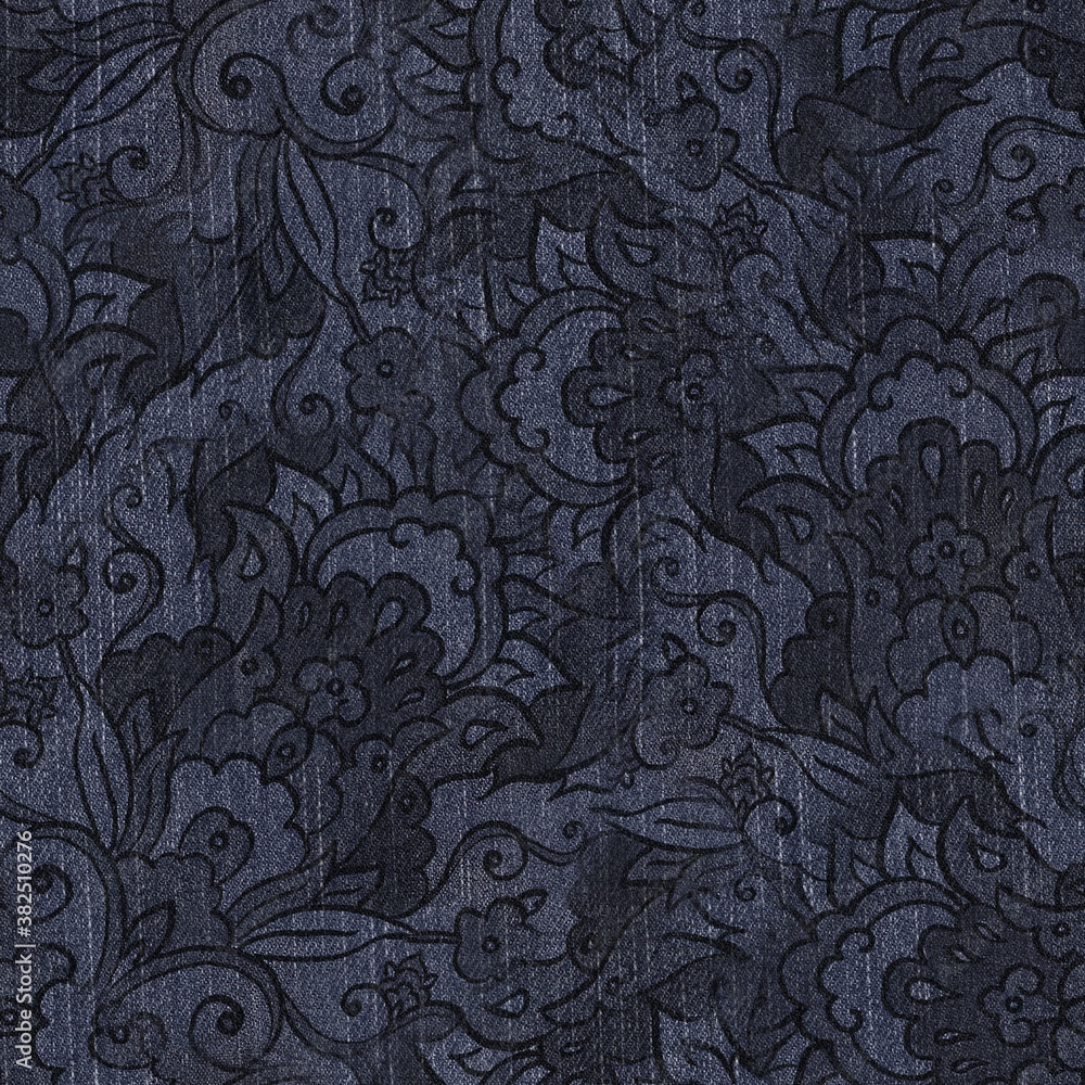 Seamless patterned denim jean for print. High quality illustration. Grungy trendy street wear design. Real detailed denim texture with digital floral pattern overlay. Navy blue deep dark colors.