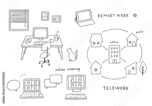 テレワークとオンラインミーティングの手描きイラスト