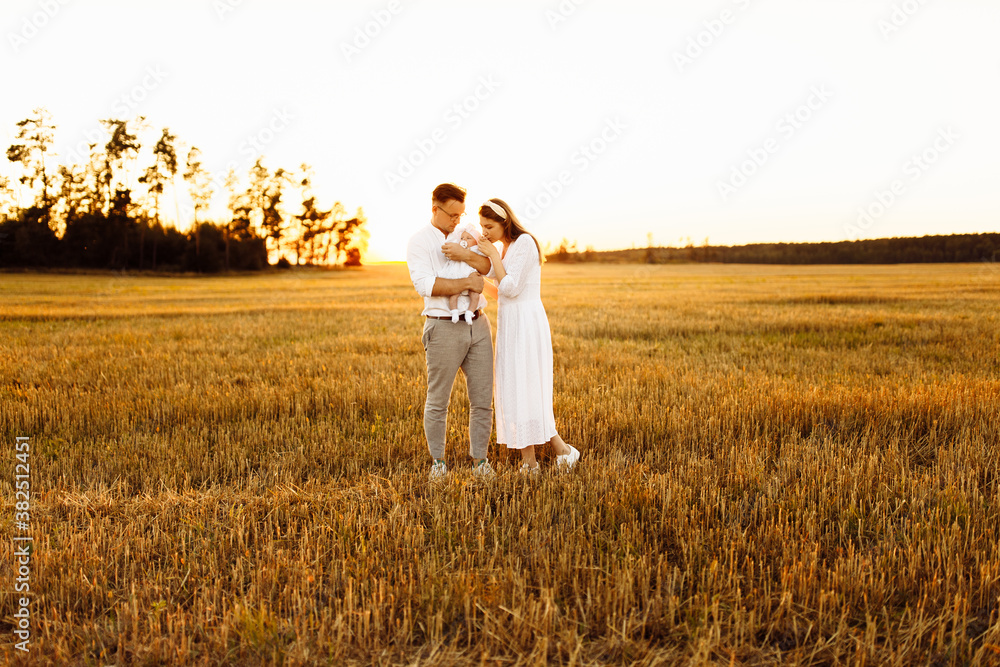 Happy parents with newborn baby girl walking at the field, handsome father hold in arms little daughter, beautiful mother gently kiss tiny hand of cute child, young family concept Happy parents with newborn baby girl walking at the field, handsome father hold in arms little daughter, beautiful mother gently kiss tiny hand of cute child, young family concept