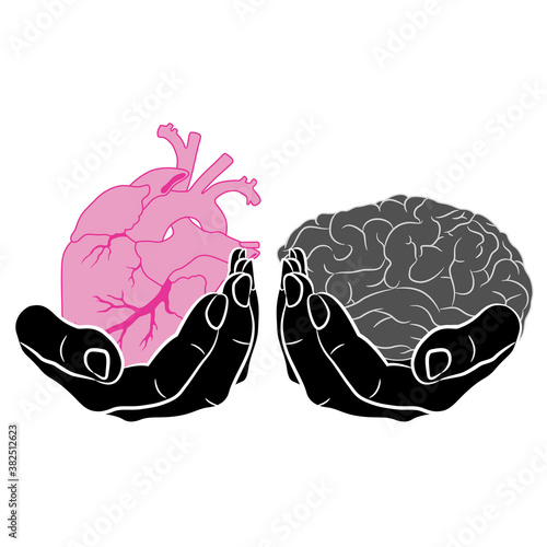 Two human hands holding brain and heart. Emotions and love versus logic and mind. Creative concept for choice and balance. 