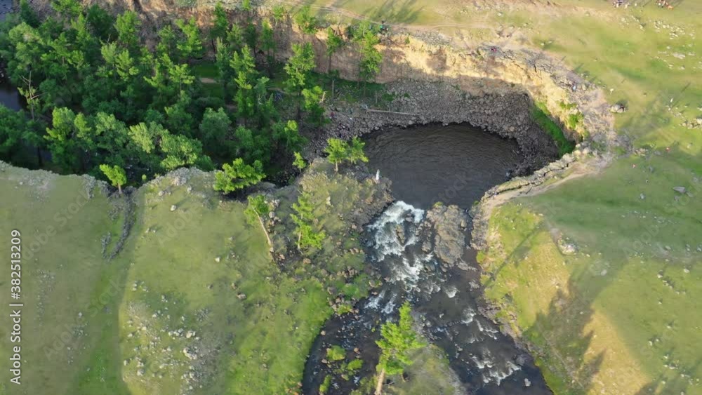 Aerial around view of Orkhon waterfall in central Mongolia, 4k Aerial around view of Orkhon waterfall in central Mongolia, 4k