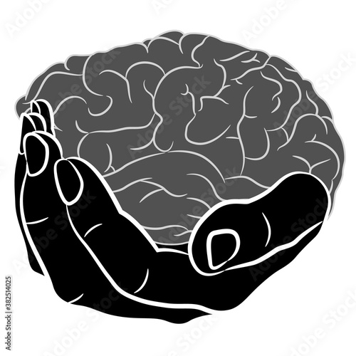 Human hand holing human brain. Monochrome silhouette. Creative concept. photo