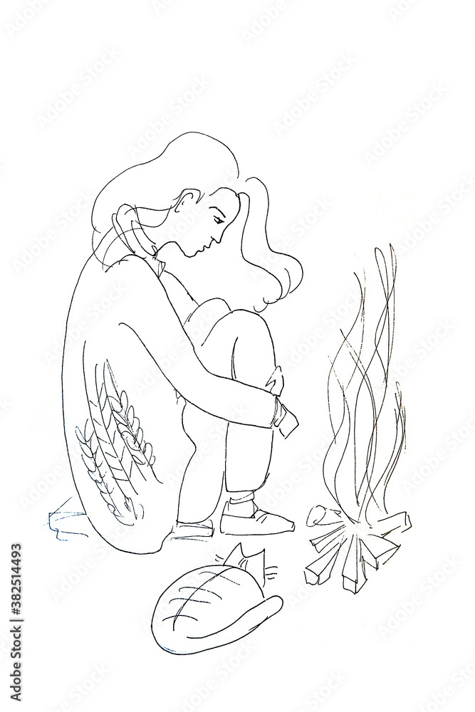 girl in sweater sits by the fire next to the cat, graphic linear drawing on a white background girl in sweater sits by the fire next to the cat, graphic linear drawing on a white background