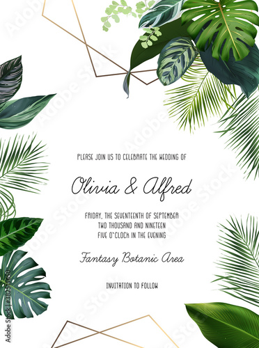 Emerald exotic greenery frame. Island wedding invitation.
