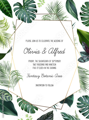 Emerald green monstera, calathea, palm tropical leaves template geometric card