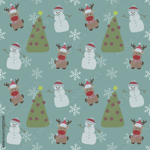 Chrismas  icon seamless pattern of snow man,chrismas tree,deer,snow with blue background.good for wrappig paper,scrapbook,card,fabric,textile.eps10. photo