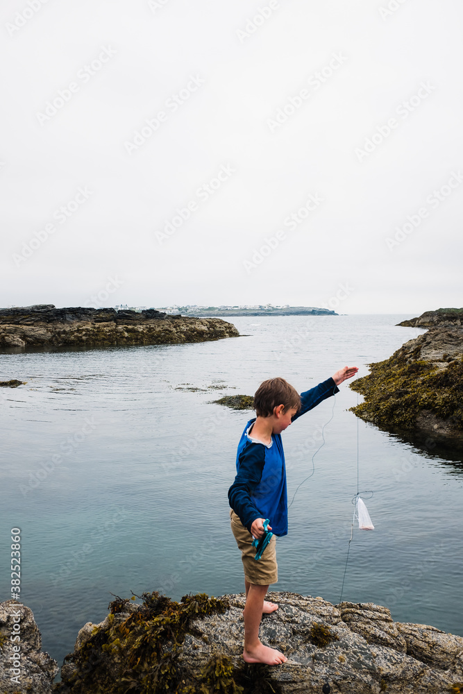 little boy catching crabs in a cove by the sea little boy catching crabs in a cove by the sea