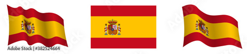 Spain flag in static position and in motion, developing in wind in exact colors and sizes, on white background