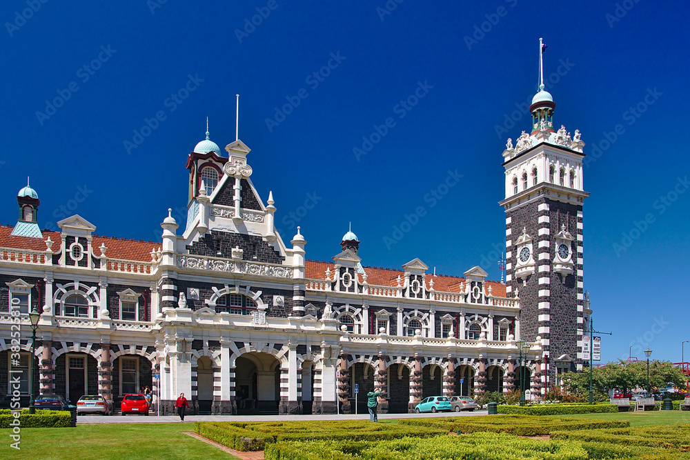 Dunedin, New Zealand - Feb 02, 2014 - Dunedin railway station in sunny weather