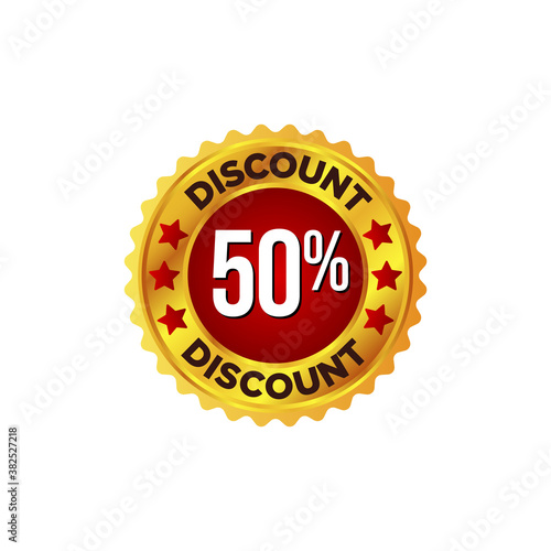 Discount badge on golden and red colour 50% off