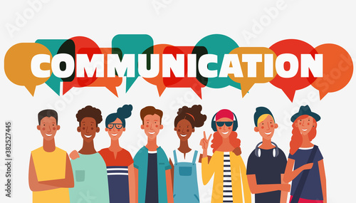 Group of young people with colorful dialog speech bubbles. Communication, teamwork and connection vector concept
