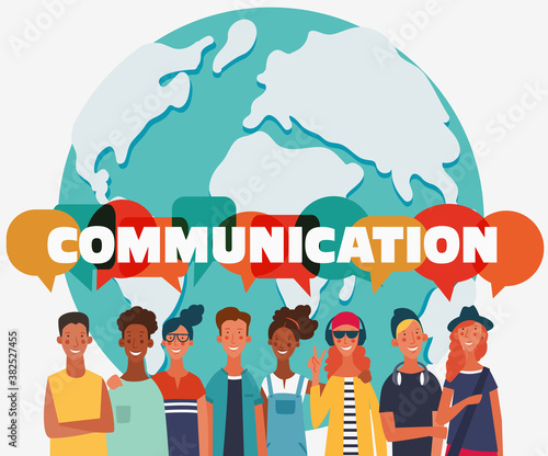 Group of young people with dialog speech bubbles. Communication, teamwork and connection vector concept
