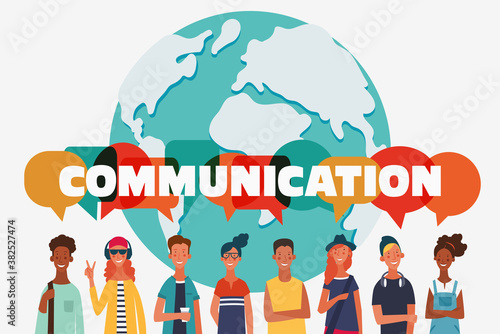 Group of young people with dialog speech bubbles. Communication, teamwork and connection vector concept
