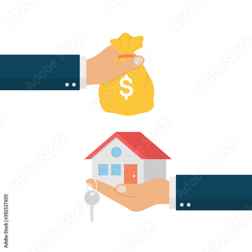 Invest in Real Estate Concept. Hand Holding Bag of Money and Hand Over House Key. Rental Property.