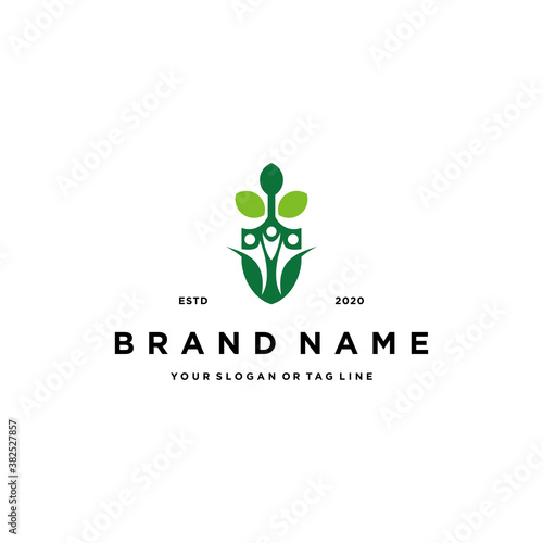 people logo design shovel and farm plant vector