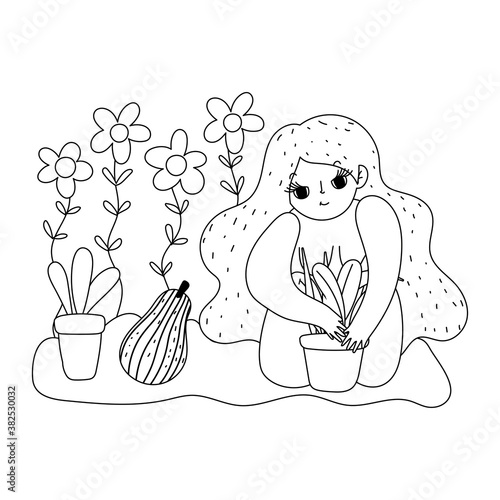 happy garden, girl with hairstyle floral planting plants in pot flowers fruit, line icon style