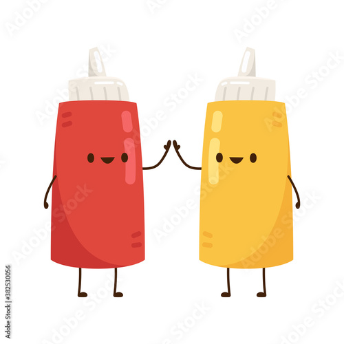 Tomato and mustard sauce character. Sauce bottle vector. Sauce bottle character design.