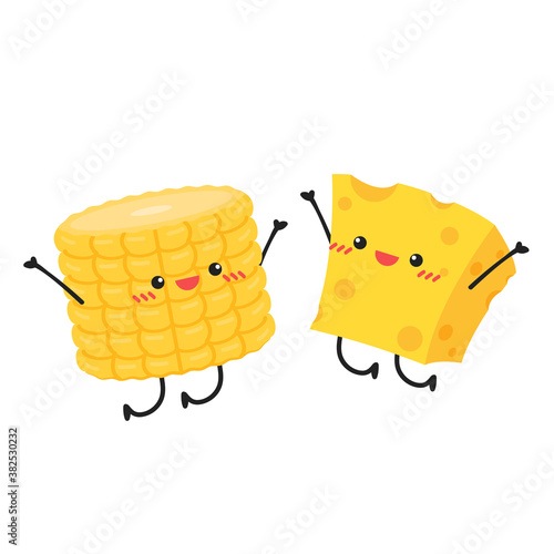 Corn and Cheese vector. Corn and Cheese character design. Corn on white background.