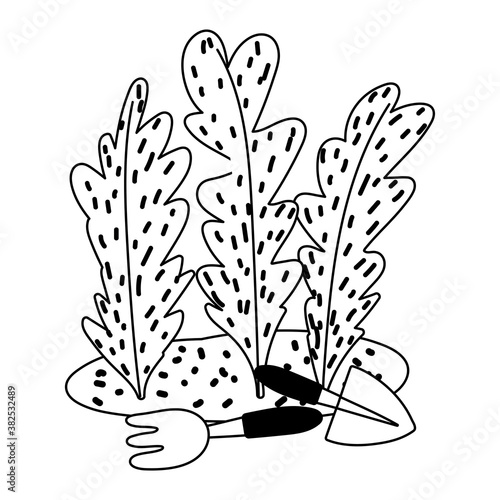 gardening, leaves planted in the ground with spade and rake tools line icon style