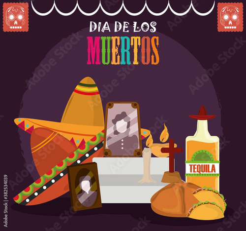 day of the dead, altar with photos frames tequila bread hat and candles, mexican celebration