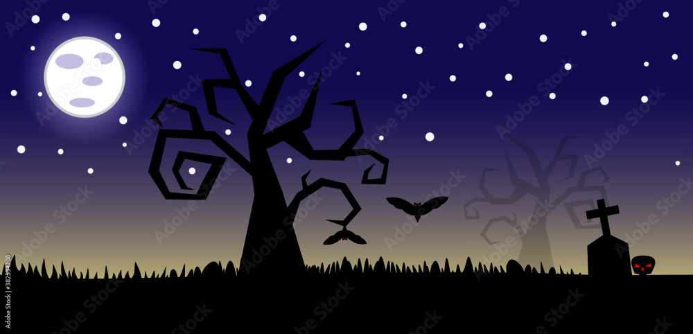 halloween night scene. Halloween night background with bats. A Halloween poster with graveyard.