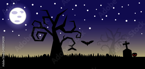 halloween night scene. Halloween night background with bats. A Halloween poster with graveyard.