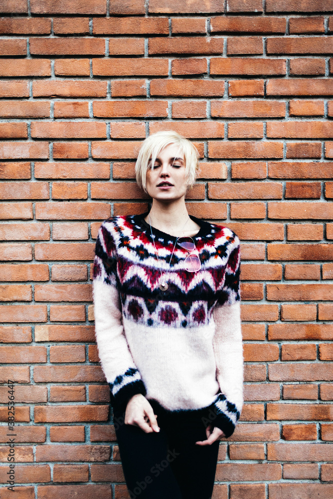 Pretty and Fashionable Blonde Girl Against a Brick Wall Pretty and Fashionable Blonde Girl Against a Brick Wall
