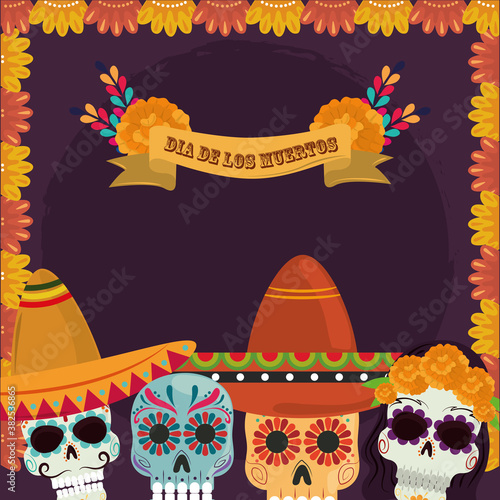 day of the dead, floral catrinas flowers with hat decoration card, mexican celebration