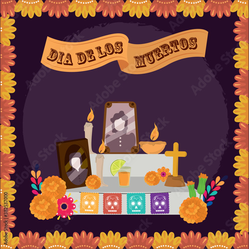 day of the dead, altar family photo candles marigold flowers, mexican celebration