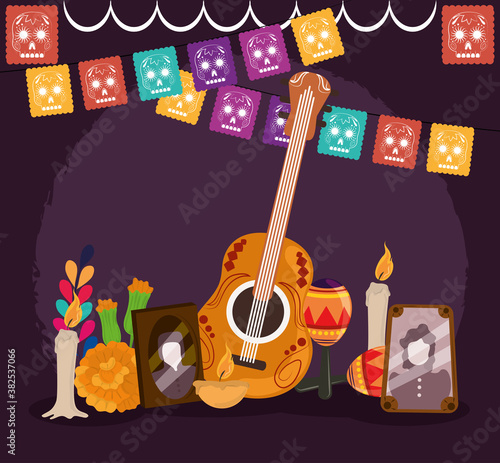 day of the dead, photos frames guitar maraca candle flowers pennants, mexican celebration