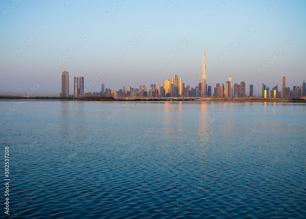 Sunrise over a skyline of a beautiful city of Dubai. Shot made in Jadaf area of the city. UAE.