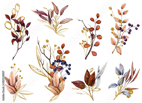 Set of Fall Compositions with Leaves and Golden Elements