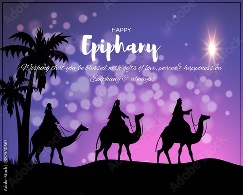 Vector illustration of Epiphany, christian festival, three wise men on camel, bright star, nativity of Jesus, bokeh background.
